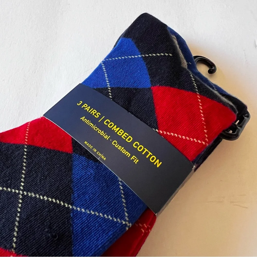 RALPH LAUREN POLO MENS 3 Pair COTTON BLEND SOCKS ARGYLE MIX BLUE RED GRAY OS NWT